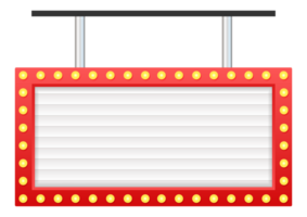 Hanging Blank White Billboard with Red Frame and Light Bulbs is Showing an Advertisement png
