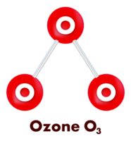Ozone O3 molecule model with three oxygen atoms forming a triangular structure png