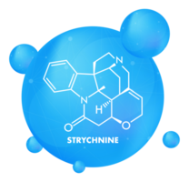 Strychnine molecule inside blue sphere with chemical formula and molecular structure png