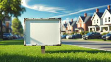 An empty sign on the grass in front of a house photo