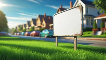 An empty sign on the grass in front of a house photo