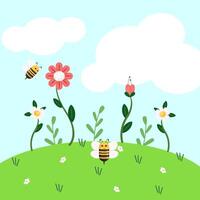 Warm Spring Meadow with Bees Sunny Spring Meadow with Honey Bees vector
