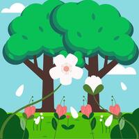 Spring Flower field and tree with blue sky vector