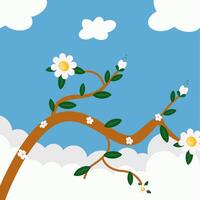Blooming Branch on Blue Sky with spring flower, flat design style vector