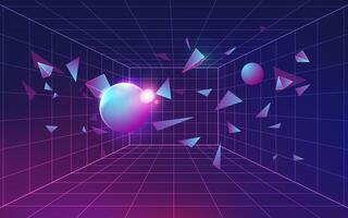 graphic of dimension grid room with futuristic element inside, vissual key of virtual reality world presented in retro futurism colour vector