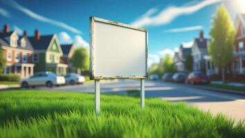 An empty sign on the grass in front of a house photo