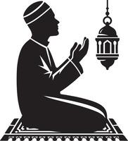Man celebrating Ramadan in worship silhouette on a crisp white background. vector