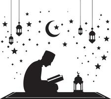 Man in Sujood prayer pose silhouette artwork on a clean white backdrop vector