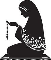 Pious woman making Dua during Ramadan silhouette on a white backdrop vector