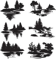 Silhouetted trees and water in a forest setting. vector