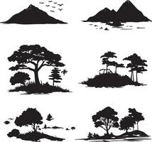 silhouettes of trees and mountains in different positions vector