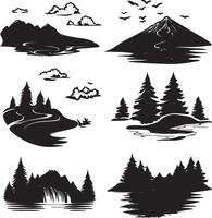 a set of black and white illustrations of mountains, trees and water vector