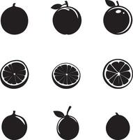 black and white fruit icons set, including oranges, lemons, limes, and grapefruit vector