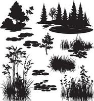 Outlined plants and water lilies in silhouette form. vector