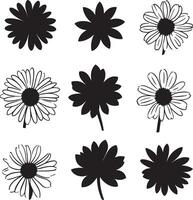 Various black and white flower silhouettes displayed on a white surface. vector