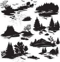 Silhouetted trees and water in a woodland setting. vector