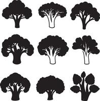 black silhouettes of broccoli trees on a white background vector