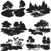 A group of silhouetted grasses and botanical shapes. vector