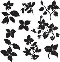 A collection of black and white flower and leaf silhouettes. vector
