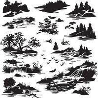 silhouettes of trees, rocks, water and birds vector
