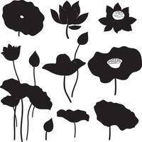 black and white lotus flowers and leaves vector