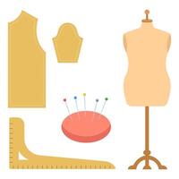 Vintage sewing essentials featuring mannequin, ruler, and various tools. Perfect for crafting blogs, fashion websites, and DIY tutorials. vector