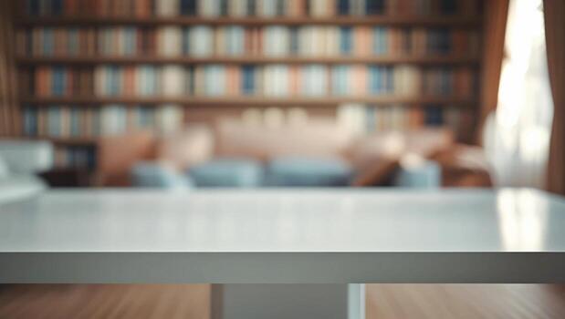 Table in front of bookshelf in a library photo