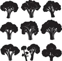 set of black silhouettes of trees, including broccoli, broccoli, broccoli, broccoli, broccoli, vector