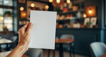 A person holding up a blank paper in a restaurant photo
