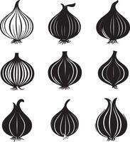 A collection of black and white silhouettes of onions. vector