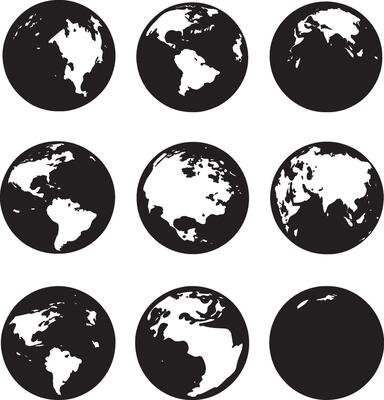 A series of monochrome globe illustrations.