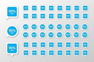 Discount labels set with 3 unique concepts. 10 percent to 90 percent vector
