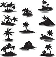 A collection of palm tree and island silhouettes over the ocean. vector