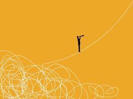 Finding a Solution. Businessman Walks Away from Chaos and Looks into Telescope vector