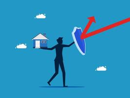a man holding a house and an arrow pointing up vector
