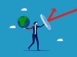 businessman holding a coin and a globe with an arrow pointing upward vector
