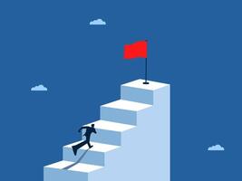 Development, Ambition, Businessman running up the stairs to grab the flag of success vector