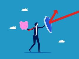 man holding a shield and a piggy bank with an arrow pointing up vector