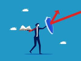businessman holding a shield and an arrow pointing up and book vector