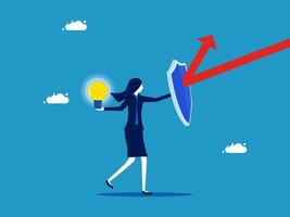 businesswoman holding up a shield with an arrow pointing up and light bulb vector