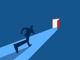 Research, Knowledge, Businessman running to the open book door vector