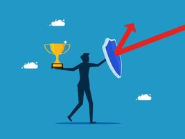 a man holding shield and trophy up, arrow going up vector