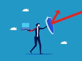 holding a shield and an arrow pointing up and laptop vector