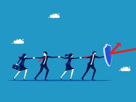 business people holding a shield and pointing to a red arrow vector