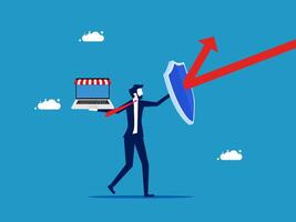 businessman holding a laptop and shield with arrow pointing up vector