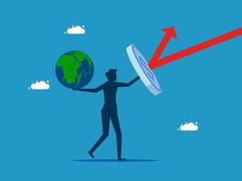 a man holding a coin and a globe with an arrow pointing upward vector