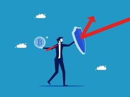 businessman holding a shield with a red arrow pointing up and currency vector