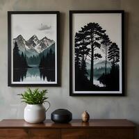 two framed prints of mountains and trees on a wall photo