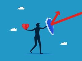man holding a heart and shield with arrow going up vector
