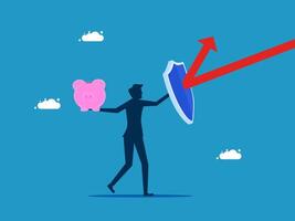 a man holding a shield and a piggy bank with an arrow pointing up vector
